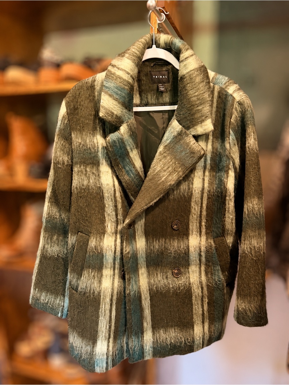Tribal Forest green, Olive, Teal & Cream Plaid Wool-Blend Double-Breasted Coat